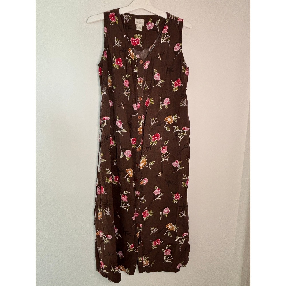 Erika Vintage Brown Floral Rayon Button Front Sleeveless Midi Dress Medium